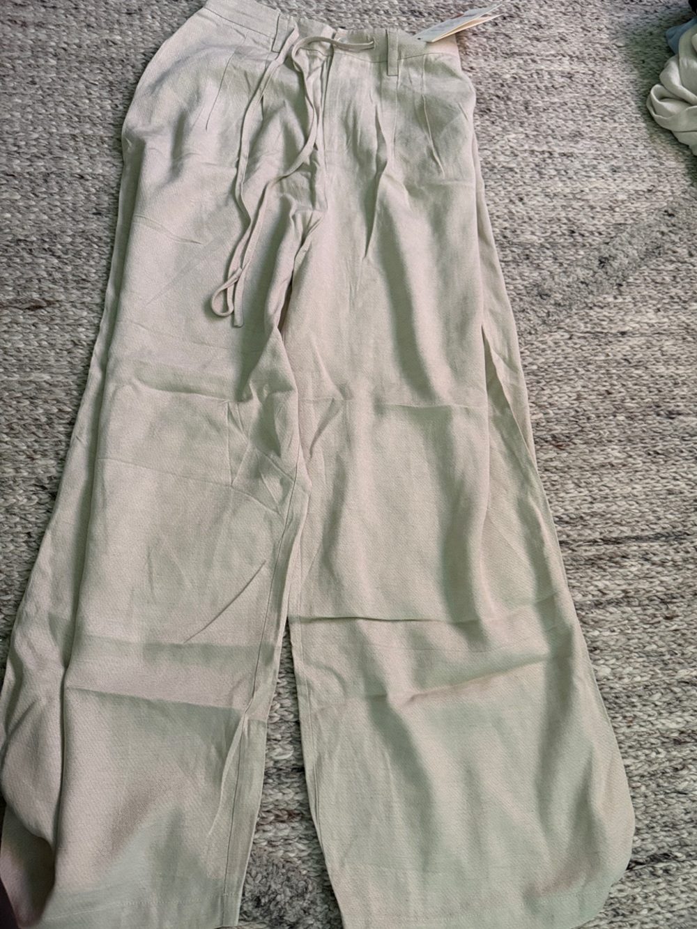 NWT Max Simple Wide Leg Linen-Blend Drawstring Pants — Light Beige SZ Medium